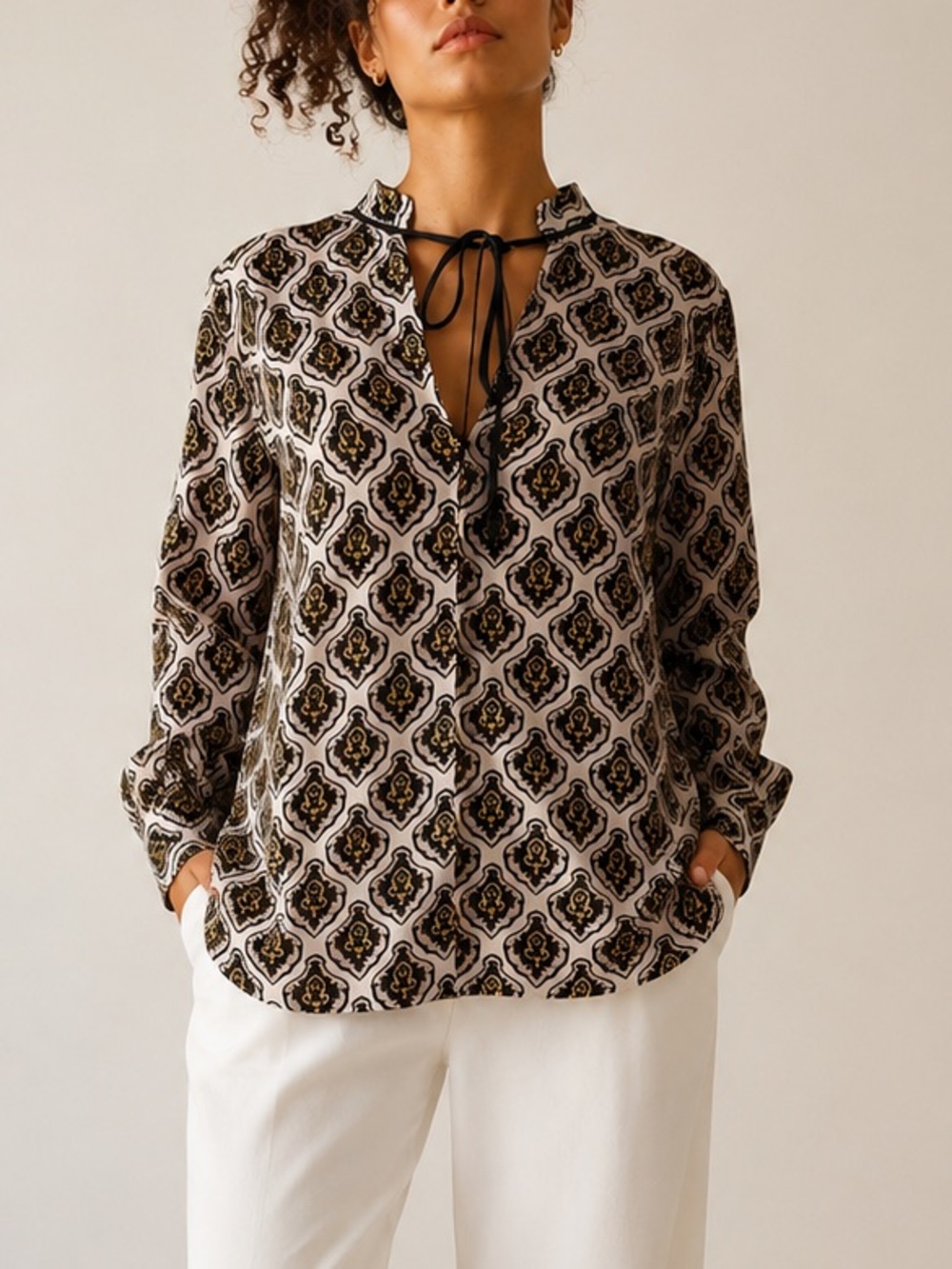 A.L.C. Pink Cream & Black Tie-Neck Patterned Blouse